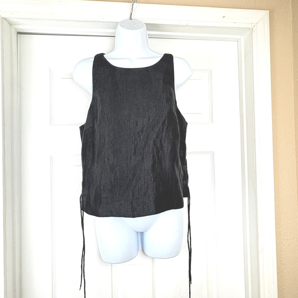 Anthropologie HD In Paris Black Linen US 8 Lined Lace Up Sides Tank Top Zipper